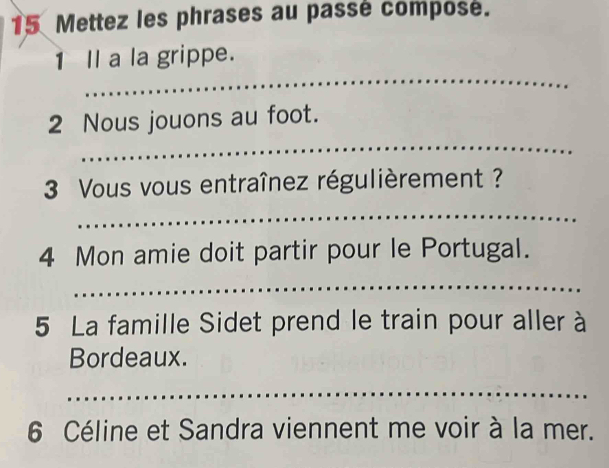 Mettez les phrases au passé compose. 
_ 
1 Il a la grippe. 
_ 
2 Nous jouons au foot. 
3 Vous vous entraînez régulièrement ? 
_ 
4 Mon amie doit partir pour le Portugal. 
_ 
5 La famille Sidet prend le train pour aller à 
Bordeaux. 
_ 
6 Céline et Sandra viennent me voir à la mer.