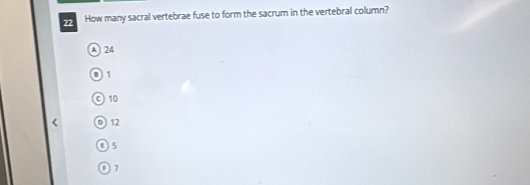 How many sacral vertebrae fuse to form the sacrum in the vertebral column?
A 24
01
C 10
0 12
O5
7