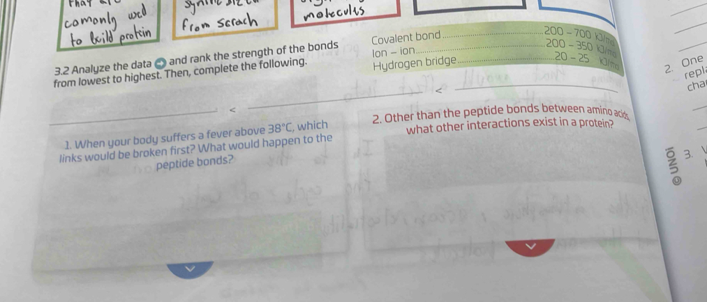 3.2 Analyze the data C and rank the strength of the bonds Covalent bond
_ 200 - 700 kJ/m 200 - 350 kJ/mo 20 - 25
Hydrogen bridge kJ/mo 2. One
from lowest to highest. Then, complete the following. Ion - ion__
_
repl
_
cha
2. Other than the peptide bonds between amino acids
_
1. When your body suffers a fever above 38°C , which what other interactions exist in a protein?
_
links would be broken first? What would happen to the
peptide bonds?
3.