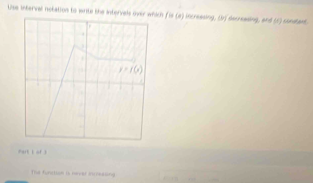 Use interval notation to write the intervals ch f is (a) incressing, (b) decressing, and (5) constent
Part l of 3
The function is never increasing