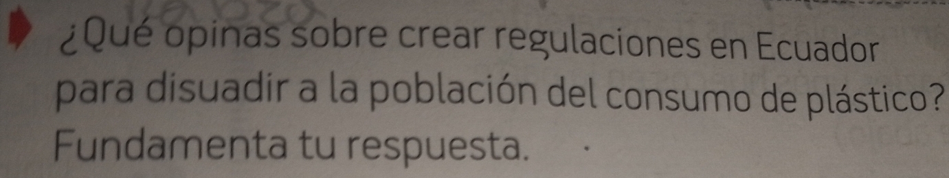 ¿Qué opinas sobre crear regulaciones en Ecuador 
para disuadir a la población del consumo de plástico? 
Fundamenta tu respuesta.