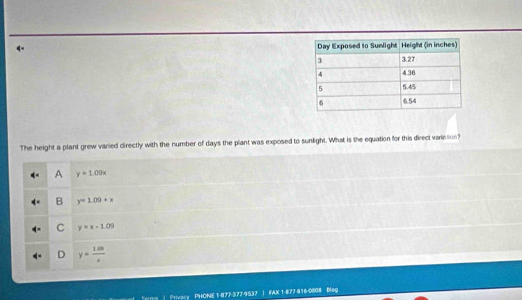 The height a plant grew varied directly with the number of days the plant was exposed to sunlight. What is the equation for this direct variation?
A y=1.09x
B y=1.09+x
C y=x-1.09
D y= (1.09)/x 
| Privacy PHONE 1-877-377-9537 | FAX 1-877-816-0808 Blog