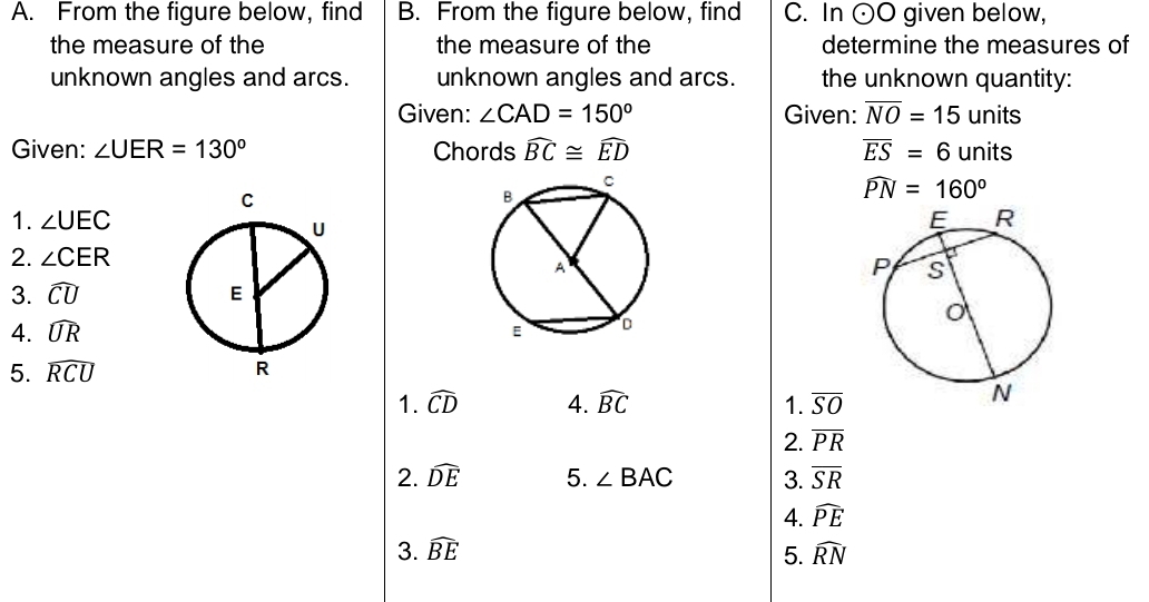 From the figure below, find B. From the figure below, find C. In odot O given below,
the measure of the the measure of the determine the measures of
unknown angles and arcs. unknown angles and arcs. the unknown quantity:
Given: ∠ CAD=150° Given: overline NO=15 units
Given: ∠ UER=130° Chords widehat BC≌ widehat ED overline ES=6 units
widehat PN=160°
1. ∠ UEC
2. ∠ CER
3. widehat CU
4. widehat UR
5. widehat RCU
1. widehat CD 4. widehat BC 1. overline SO
2. overline PR
2. widehat DE 5. ∠ BAC 3. overline SR
4. widehat PE
3. widehat BE 5. widehat RN