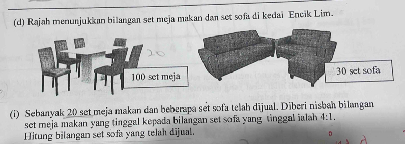 Rajah menunjukkan bilangan set meja makan dan set sofa di kedai Encik Lim.
100 set meja 
(i) Sebanyak 20 set meja makan dan beberapa set sofa telah dijual. Diberi nisbah bilangan 
set meja makan yang tinggal kepada bilangan set sofa yang tinggal ialah 4:1. 
Hitung bilangan set sofa yang telah dijual.