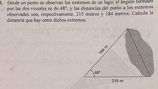 Desde un punto se observan los extremos de un lago; el ángulo formado
por las dos visuales es de 48° , y las distancias del punto a los extremos
observados son, respectivamente, 215 metros y 184 metros. Calcula la
distancia que hay entre dichos extremos.