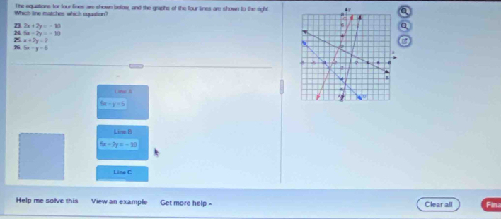 The equations for four lines are shown below, and the graphs of the four lines are shown to the righta
Which line matches which equation?
23. 2x+2y=-10 Q
24. 5x-2y=-10
25. x+2y=2
B
26 5x-y=5
Line A
6x-y=6
Line 8
5x-2y=-10
Line C
Help me solve this View an example Get more help - Clear all Fina