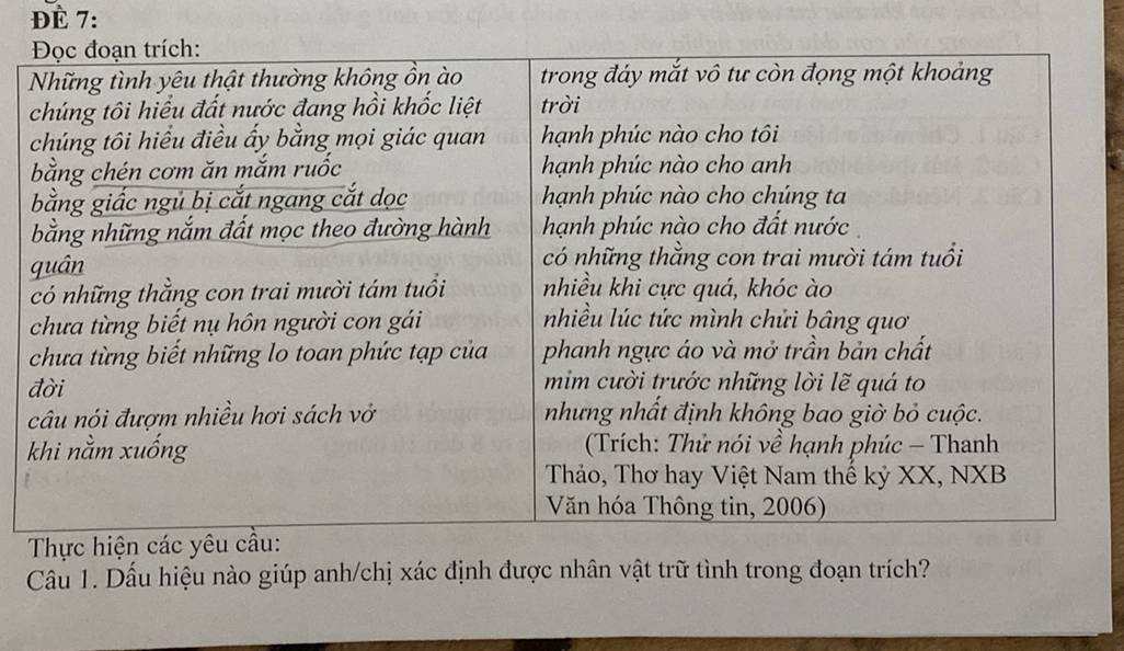 ĐÉ 7: 
Cầu 1. Dấu hiệu nào giúp anh/chị xác định được nhân vật trữ tình trong đoạn trích?