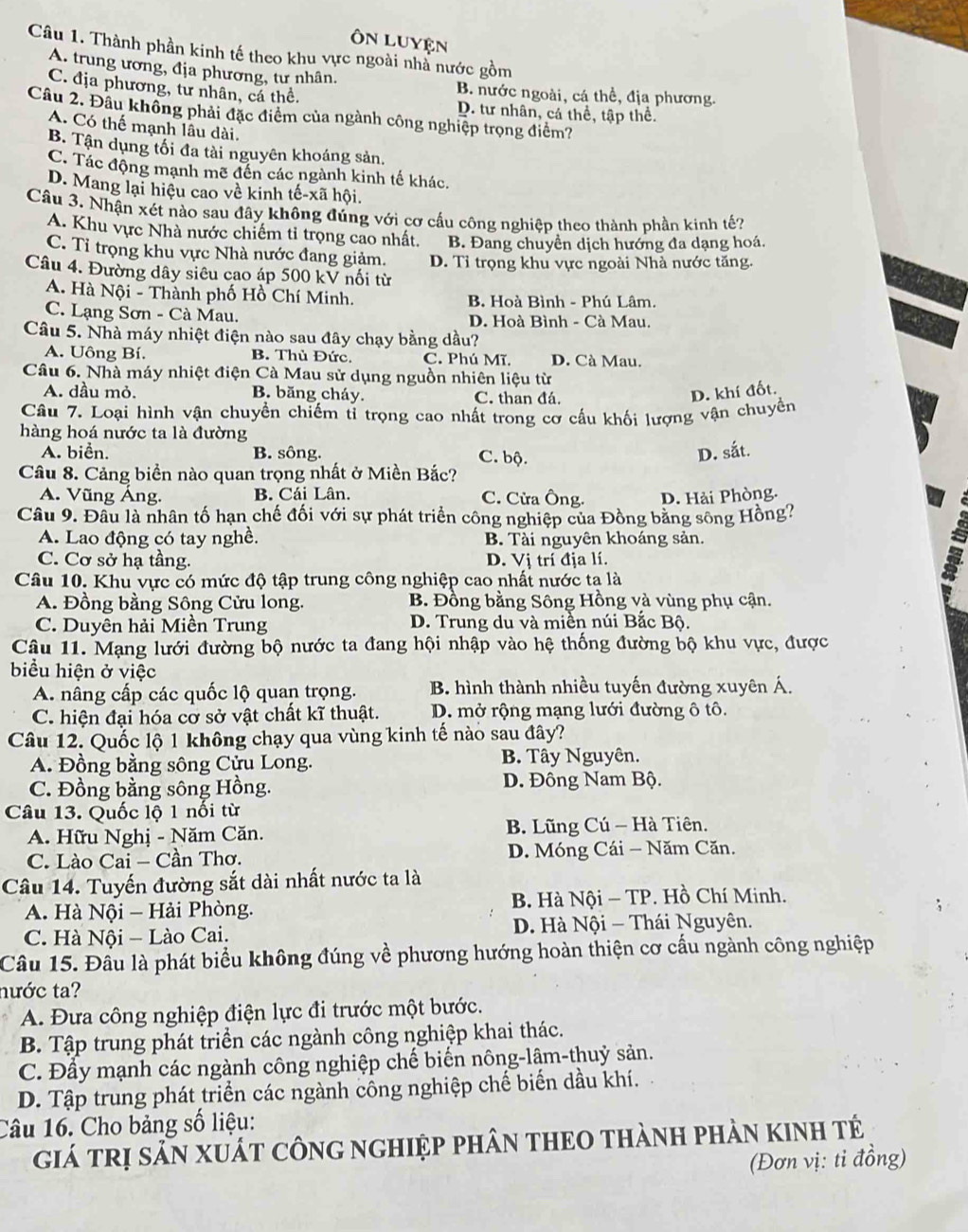 ôn luyện
Câu 1. Thành phần kinh tế theo khu vực ngoài nhà nước gồm
A. trung ương, địa phương, tư nhân.
B. nước ngoài, cá thể, địa phương.
C. địa phương, tư nhân, cá thể. D. tư nhân, cá thể, tập thể.
Câu 2. Đầu không phải đặc điểm của ngành công nghiệp trọng điểm?
A. Có thế mạnh lâu dài.
B. Tận dụng tối đa tài nguyên khoáng sản.
C. Tác động mạnh mẽ đến các ngành kinh tế khác.
D. Mang lại hiệu cao về kinh tế-xã hội.
Câu 3. Nhận xét nào sau đây không đúng với cơ cấu công nghiệp theo thành phần kinh tế?
A. Khu vực Nhà nước chiếm tỉ trọng cao nhất. B. Đang chuyển dịch hướng đa dạng hoá.
C. Tỉ trọng khu vực Nhà nước đang giảm. D. Tỉ trọng khu vực ngoài Nhà nước tăng.
Câu 4. Đường dây siêu cao áp 500 kV nối từ
A. Hà Nội - Thành phố Hồ Chí Minh. B. Hoà Bình - Phú Lâm.
C. Lạng Sơn - Cà Mau. D. Hoà Bình - Cà Mau.
Câu 5. Nhà máy nhiệt điện nào sau đây chạy bằng dầu?
A. Uông Bí. B. Thủ Đức. C. Phú Mĩ. D. Cà Mau.
Câu 6. Nhà máy nhiệt điện Cà Mau sử dụng nguồn nhiên liệu từ
A. dầu mỏ. B. băng cháy. C. than đá.
D. khí đốt.
Cầu 7. Loại hình vận chuyền chiếm tỉ trọng cao nhất trong cơ cấu khối lượng vận chuyền
hàng hoá nước ta là đường
A. biển. B. sông. C. bộ. D. sắt.
Câu 8. Cảng biển nào quan trọng nhất ở Miền Bắc?
A. Vũng Áng. B. Cái Lân. C. Cửa Ông. D. Hải Phòng.
Câu 9. Đầu là nhân tố hạn chế đối với sự phát triển công nghiệp của Đồng bằng sông Hồng?
A. Lao động có tay nghề. B. Tài nguyên khoáng sản.
C. Cơ sở hạ tầng. D. Vị trí địa lí.
Câu 10. Khu vực có mức độ tập trung công nghiệp cao nhất nước ta là
A. Đồng bằng Sông Cửu long.  B. Đồng bằng Sông Hồng và vùng phụ cận.
C. Duyên hải Miền Trung D. Trung du và miền núi Bắc Bộ.
Câu 11. Mạng lưới đường bộ nước ta đang hội nhập vào hệ thống đường bộ khu vực, được
biểu hiện ở việc
A. nâng cấp các quốc lộ quan trọng. B. hình thành nhiều tuyến đường xuyên Á.
C. hiện đại hóa cơ sở vật chất kĩ thuật. D. mở rộng mạng lưới đường ô tô.
Câu 12. Quốc lộ 1 không chạy qua vùng kinh tế nào sau đây?
A. Đồng bằng sông Cửu Long. B. Tây Nguyên.
C. Đồng bằng sông Hồng. D. Đông Nam Bộ.
Câu 13. Quốc lộ 1 nổi từ
A. Hữu Nghị - Năm Căn.  B. Lũng Cú - Hà Tiên.
C. Lào Cai - Cần Thơ.  D. Móng Cái - Năm Căn.
Câu 14. Tuyến đường sắt dài nhất nước ta là
A. Hà Nội - Hải Phòng. B. Hà Nội − TP. Hồ Chí Minh.
C. Hà Nội - Lào Cai.  D. Hà Nội - Thái Nguyên.
Cầu 15. Đầu là phát biểu không đúng về phương hướng hoàn thiện cơ cấu ngành công nghiệp
nước ta?
A. Đưa công nghiệp điện lực đi trước một bước.
B. Tập trung phát triển các ngành công nghiệp khai thác.
C. Đầy mạnh các ngành công nghiệp chế biến nông-lậm-thuỷ sản.
D. Tập trung phát triển các ngành công nghiệp chế biến dầu khí.
Câu 16. Cho bảng số liệu:
Giá trị sản xUấT cônG nGHIệP phâN THEO tHànH phàn kINH tẻ
(Đơn vị: tỉ đồng)