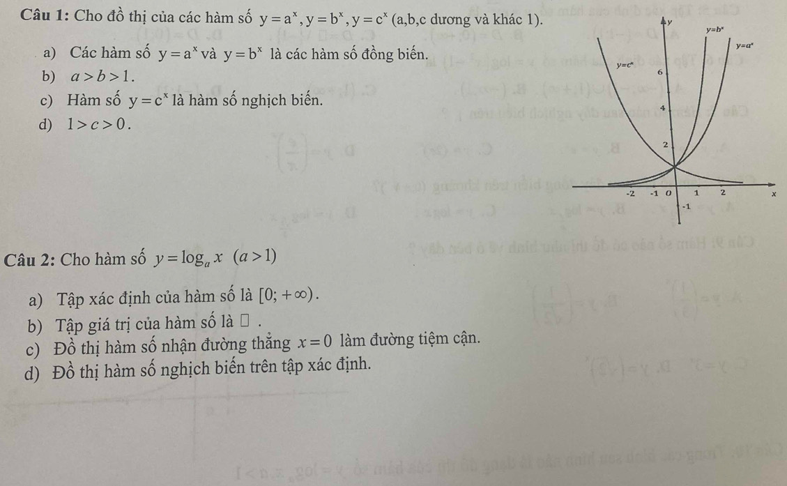 Cho đồ thị của các hàm số y=a^x,y=b^x,y=c^x (a,b,c dương và khác 1). 
a) Các hàm số y=a^x và y=b^x là các hàm số đồng biến.
b) a>b>1.
c) Hàm số y=c^x là hàm số nghịch biến.
d) 1>c>0.
Câu 2: Cho hàm số y=log _ax(a>1)
a) Tập xác định của hàm số là [0;+∈fty ).
b) Tập giá trị của hàm số là  .
c) Đồ thị hàm số nhận đường thắng x=0 làm đường tiệm cận.
d) Đồ thị hàm số nghịch biến trên tập xác định.