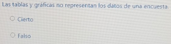 Las tablas y gráficas no representan los datos de una encuesta.
Cierto
Falso