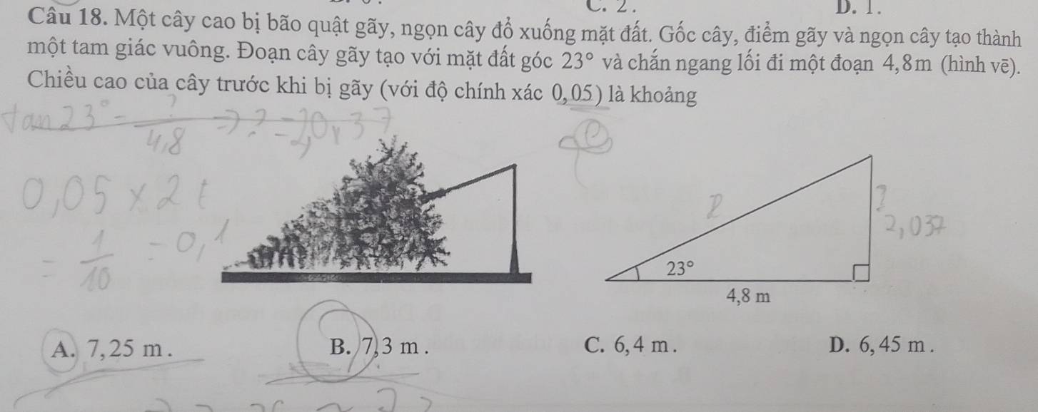 2 . D. 1.
Câu 18. Một cây cao bị bão quật gãy, ngọn cây đổ xuống mặt đất. Gốc cây, điểm gãy và ngọn cây tạo thành
một tam giác vuông. Đoạn cây gãy tạo với mặt đất góc 23° và chắn ngang lối đi một đoạn 4,8m (hình vē).
Chiều cao của cây trước khi bị gãy (với độ chính xác 0,05) là khoảng
A. 7,25 m . B. 7 3 m . C. 6, 4 m . D. 6, 45 m .