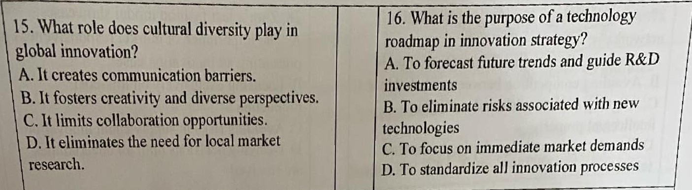 What is the purpose of a technology
15. What role does cultural diversity play in
global innovation?
roadmap in innovation strategy?
A. To forecast future trends and guide R&D
A. It creates communication barriers.
investments
B. It fosters creativity and diverse perspectives.
B. To eliminate risks associated with new
C. It limits collaboration opportunities.
technologies
D. It eliminates the need for local market
C. To focus on immediate market demands
research.
D. To standardize all innovation processes