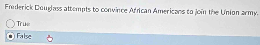 Frederick Douglass attempts to convince African Americans to join the Union army.
True
False