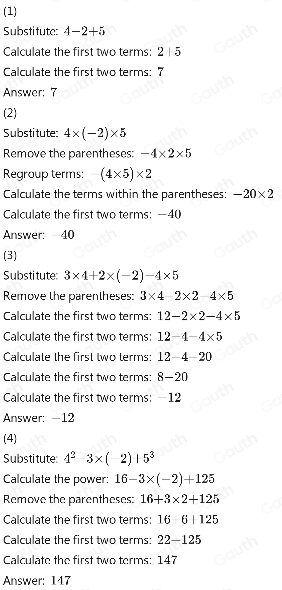 Solved: Substitute the values for a, b and c into the expressions below ...