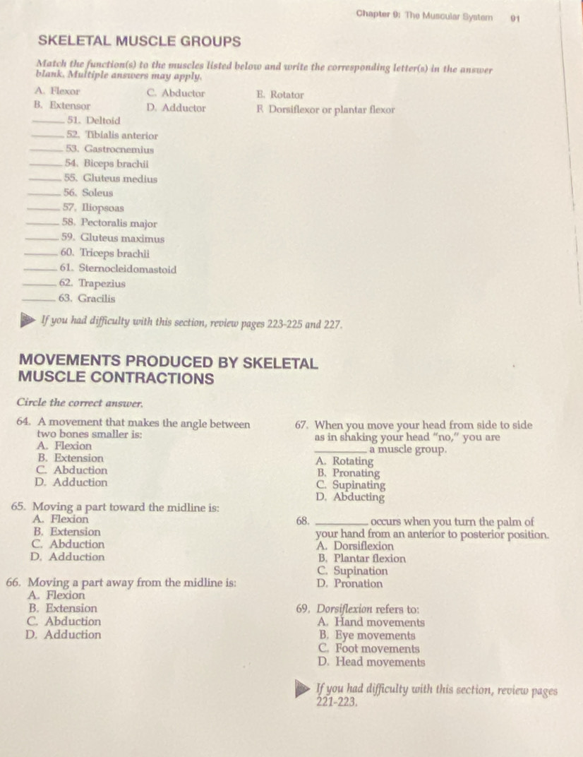 Chapter 9: The Muscular System 91
SKELETAL MUSCLE GROUPS
Match the function(s) to the muscles listed below and write the corresponding letter(s) in the answer
blank, Multiple answers may apply.
A. Flexor C. Abductor E. Rotator
B. Extensor D. Adductor R Dorsiflexor or plantar flexor
_51. Deltoid
_52. Tibialis anterior
_53. Gastrocnemius
_54. Biceps brachii
_55. Gluteus medius
_56. Soleus
_57, Iliopsoas
_58. Pectoralis major
_59. Gluteus maximus
_60. Triceps brachii
_61. Sternocleidomastoid
_62. Trapezius
_63. Gracilis
If you had difficulty with this section, review pages 223-225 and 227.
MOVEMENTS PRODUCED BY SKELETAL
MUSCLE CONTRACTIONS
Circle the correct answer.
64. A movement that makes the angle between 67. When you move your head from side to side
two bones smaller is: as in shaking your head “no,” you are
A. Flexion _a muscle group.
B. Extension A. Rotating
C. Abduction B. Pronating
D. Adduction C. Supinating
D. Abducting
65. Moving a part toward the midline is:
A. Flexion 68. _occurs when you turn the palm of
B. Extension your hand from an anterior to posterior position.
C. Abduction A. Dorsiflexion
D. Adduction B. Plantar flexion
C. Supination
66. Moving a part away from the midline is: D. Pronation
A. Flexion
B. Extension 69. Dorsiflexion refers to:
C. Abduction A. Hand movements
D. Adduction B. Eye movements
C. Foot movements
D. Head movements
If you had difficulty with this section, review pages
221-223.