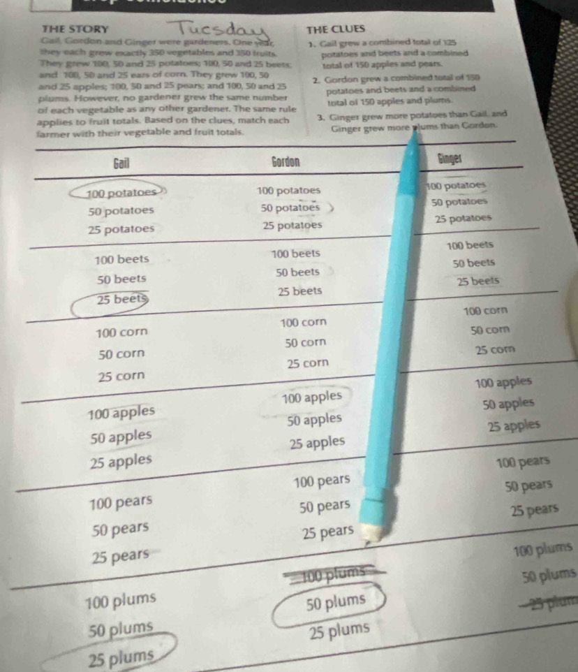 THE STORY THE CLUES
Gall, Gordon and Ginger were gardeners. One year
they each grew exactly 350 vegetables and 150 truits. 1. Gail grew a combined total of 125
They grew 100, 50 and 25 potatoes; 100, 50 and 25 beets: potatoes and beets and a combined 
and 108, 50 and 25 ears of corn. They grew 100, 50 total of 150 apples and pears.
and 25 apples; 100, 50 and 25 pears; and 100, 50 and 25 2. Gordon grew a combined total of 150
plums. However, no gardener grew the same number potatoes and beets and a combined 
of each vegetable as any other gardener. The same rule total of 150 apples and plums.
applies to fruit totals. Based on the clues, match each 3. Ginger grew more potatoes than Gail, and
ums than Gordon.
s
rs
ums
ums
2plum
50 plums
25 plums 25 plums