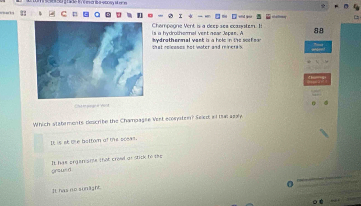 conv science/grade-8/describe-ecosysters
arks on arthnera y
1 geo
Champagne Vent is a deep sea ecosystem. It
is a hydrothermal vent near Japan. A
88
hydrothermal vent is a hole in the seafloor 
that releases hot water and minerals. Tong

Chulleng
Champagne Vent
Which statements describe the Champagne Vent ecosystem? Select all that apply.
It is at the bottom of the ocean.
It has organisms that crawl or stick to the
ground.
It has no sunlight.