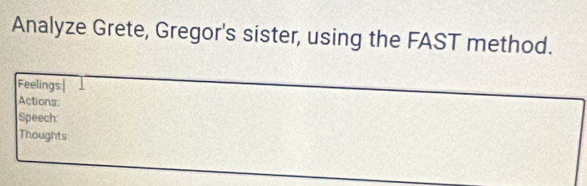 Analyze Grete, Gregor's sister, using the FAST method. 
Feelings 
Actions 
Speech. 
Thoughts