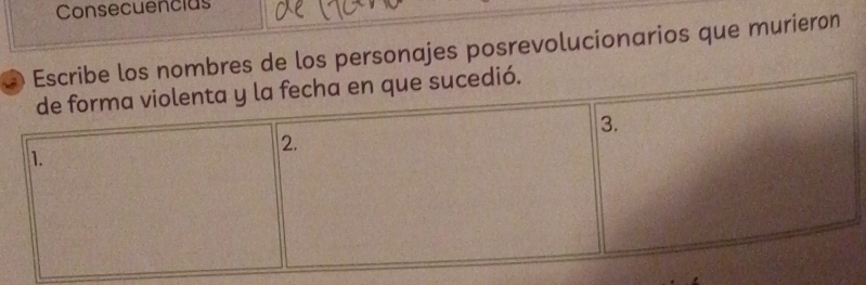 Consecuencias 
Escribe los nombres de los personajes posrevolucionarios que murieron 
de forma violenta y la fecha en que sucedió. 
3. 
2. 
1.