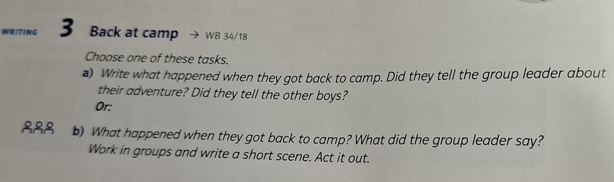 WRITING 3 Back at camp WB 34/18 
Choose one of these tasks. 
a) Write what happened when they got back to camp. Did they tell the group leader about 
their adventure? Did they tell the other boys? 
Or: 
888 b) What happened when they got back to camp? What did the group leader say? 
Work in groups and write a short scene. Act it out.