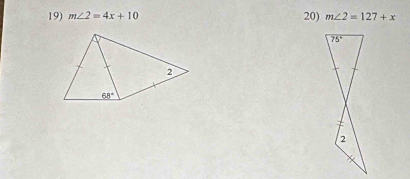 m∠ 2=4x+10 20) m∠ 2=127+x