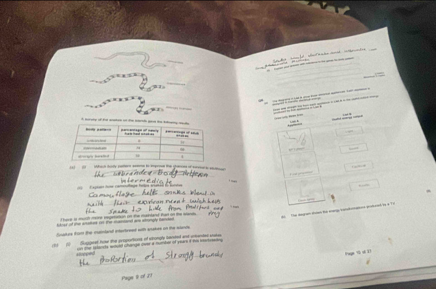 ea w to the g f t 
la 
_
_
_
Onew only three lnws Lie B
A survery of the snaters 
Usatul eneres cutol
gn
(a) () Which body pattern seems to improve the chances of surral to adulthoor?
_
Foral pnteconinl
) Explain how camoultage helps snaked to survive … “”
_
o
_
_
1 m k
_
(b) The diagram shows the energy translormations produced by a TV
There is much more vegetation on the mainland ihan on the islands.
Most of the snakes on the maintand are strongly banded.
Snakes from the muainland interbreed with snakes on the islands.
(b) (i) Suggest how the proportions of strongly banded and unbanded snakes
on the islands would change over a number of years if this intertreeding
stopped
Page 10 of 27
Page 9 of 27