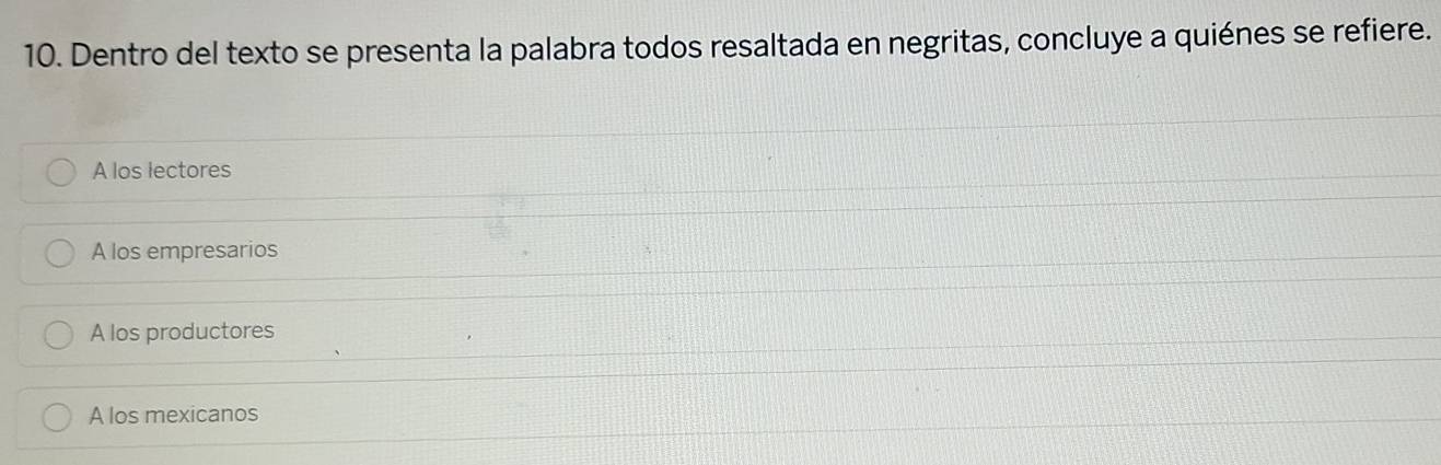 Dentro del texto se presenta la palabra todos resaltada en negritas, concluye a quiénes se refiere.
A los lectores
A los empresarios
A los productores
A los mexicanos