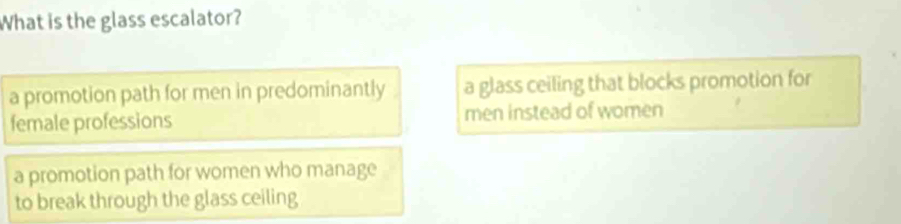 What is the glass escalator?
a promotion path for men in predominantly a glass ceiling that blocks promotion for
female professions men instead of women
a promotion path for women who manage
to break through the glass ceiling