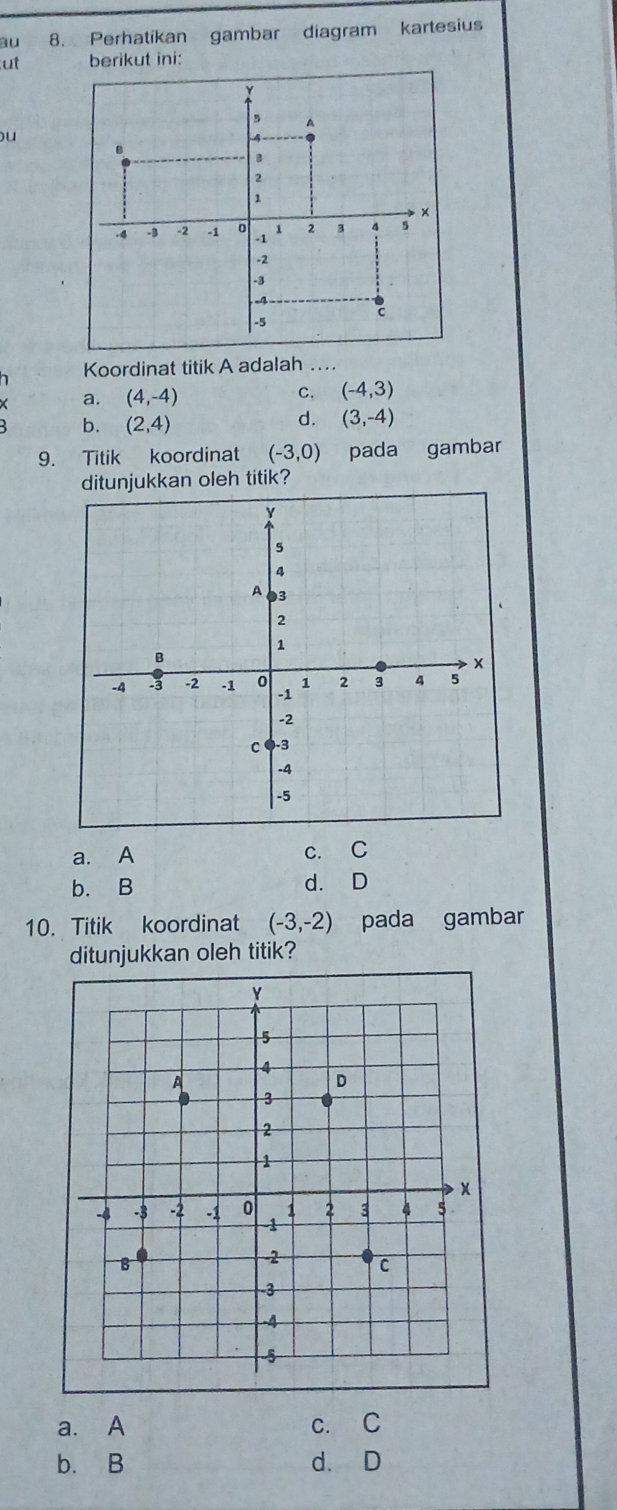 au 8. Perhatikan gambar diagram kartesius
ut berikut ini:
u
Koordinat titik A adalah …._
a. (4,-4)
C. (-4,3)
b. (2,4)
d. (3,-4)
9. Titik koordinat (-3,0) pada gambar
ditunjukkan oleh titik?
a. A c. C
b. B d. D
10. Titik koordinat (-3,-2) pada gambar
ditunjukkan oleh titik?
a. A c. C
b. B d. D