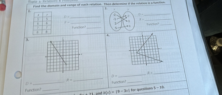 Topie 11 Relations & Punctions 
Find the domain and range of each relation. Then determine if the relation is a function. 
2 
_ 
1
D= _
D=
R= _ R=
_ 
Function?_Function?_ 
4.
y 1 
3.
+ x
R=
_ 
_
D=
_
R=
D=
_ 
Function?_ 
Function? _for questions 5-10.
2x+21. and h(x)=|9-3x|