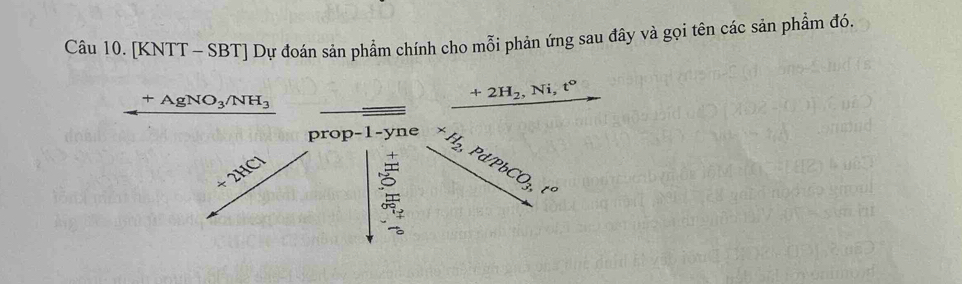 [KNTT ~ SBT] Dự đoán sản phẩm chính cho mỗi phản ứng sau đây và gọi tên các sản phẩm đó.
_ +AgNO_3/NH_3
+2H_2,Ni,t^o
_ _ _ _ _  orop-1-y ne
+H_2, Pd/PbCO_3, t^o