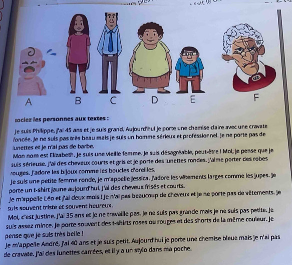 a 
A B C D E F 
sociez les personnes aux textes : 
Je suis Philippe, j'ai 45 ans et je suis grand. Aujourd'hui je porte une chemise claire avec une cravate 
foncée. Je ne suis pas très beau mais je suis un homme sérieux et proféssionnel, Je ne porte pas de 
lunettes et je n'ai pas de barbe. 
Mon nom est Elizabeth. Je suis une vieille femme. Je suis désagréable, peut-être ! Moi, je pense que je 
suis sérieuse. J'ai des cheveux courts et gris et je porte des lunettes rondes. j'aime porter des robes 
rouges. J'adore les bijoux comme les boucles d'oreilles. 
Je suis une petite femme ronde, je m'appelle Jessica. J'adore les vêtements larges comme les jupes. Je 
porte un t-shirt jaune aujourd'hui. J'ai des cheveux frisés et courts. 
Je m'appelle Léo et j'ai deux mois ! Je n'ai pas beaucoup de cheveux et je ne porte pas de vêtements. Je 
suis souvent triste et souvent heureux. 
Moi, c'est Justine. J'ai 35 ans et Je ne travaille pas. Je ne suis pas grande mais je ne suis pas petite. Je 
suis assez mince. Je porte souvent des t-shirts roses ou rouges et des shorts de la même couleur. Je 
pense que je suis très belle ! 
Je m'appelle André, j'ai 40 ans et je suis petit. Aujourd'hui je porte une chemise bleue mais je n'ai pas 
de cravate. J'ai des lunettes carrées, et il y a un stylo dans ma poche.