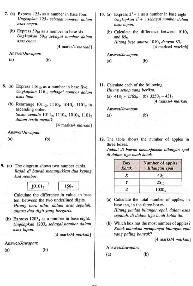 Express 125- as a number in base four. 10. (a) Express 2^3+1 as a number in base eight.
Ungkapkan 1257 sebagai nombor dalam Ungkapkan 2^3+1 sebagai nombor dalam
asas empat. asas lapan.
(b) Express 59_10 as a number in base six. (b) Calculate the difference between 1010_9
Ungkapkan 59_10 sebagai nombor dalam and 85_9.
asas enam. Hitung beza antara 1010 dengan 85_9.
[4 marks/4 markah] [4 marks/4 markah]
Answer/Jawapan: Answer/Jawapan:
(a) (b) (a) (b)
8. (a) Express 116_10 as a number in base five. 11. Calculate each of the following.
Ungkapkan 116_10 sebagai nombor dalam Hitung setiap yang berikut.
asas lima. (a) 418_9+2765_9 (b) 3250_6-431_6
(b) Rearrange 1011_2,1110_2,1010_2,1101_2 in [4 marks/4 markah]
ascending order. Answer/Jawapan:
Susun semula 1011_2,1110_2,1010_2,1101_2 (a) (b)
dalam tertib menaik.
[4 marks/4 markah]
Answer/Jawapan:
(a) (b) 12. The table shows the number of apples in
three boxes.
Jadual di bawah menunjukkan bilangan epal
di dalam tiga buah kotak.
9. (a) The diagram shows two number cards. 
Rajah di bawah menunjukkan dua keping
kad nombor.
_ 10101_2 156,
Calculate the difference in value, in base
ten, between the two underlined digits. (a) Calculate the total number of apples, in
Hitung beza nilai, dalam asas sepuluh, base ten, in the three boxes.
antara dua digit yang bergaris. Hitung jumlah bilangan epal, dalam asas
(b) Express 1203_4 as a number in base eight. sepuluh, di dalam tiga buah kotak itu.
Ungkapkan 1203_4 sebagai nombor dalam (b) Which box has the most number of apples?
asas lapan. Kotak manakah mempunyai bilangan epal
[4 marks/4 markah] yang paling banyak?
[4 marks/4 markah]
Answer/Jawapan:
(a) (b)
Answer/Jawapan:
(a) (b)