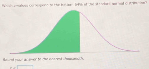 Which z-values correspond to the bottom 64% of the standard normal distribution?
Round your answer to the nearest thousandth.
z