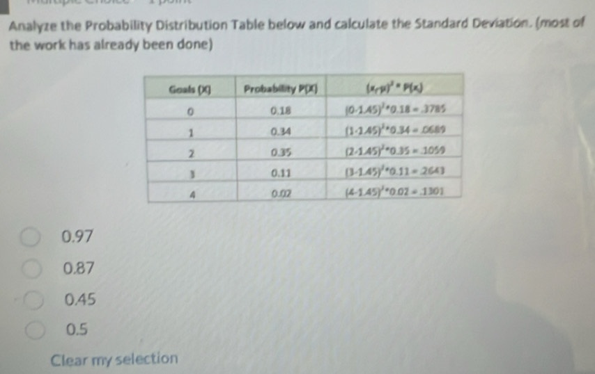 Analyze the Probability Distribution Table below and calculate the Standard Deviation. (most of
the work has already been done)
0.97
0.87
0.45
0.5
Clear my selection