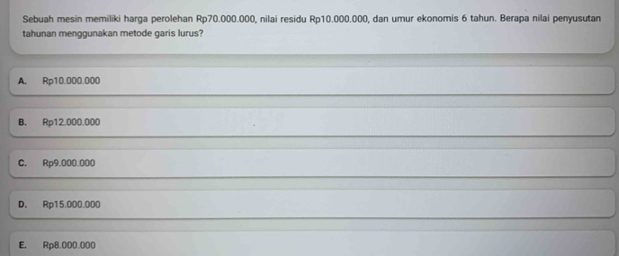 Sebuah mesin memiliki harga perolehan Rp70.000.000, nilai residu Rp10.000.000, dan umur ekonomis 6 tahun. Berapa nilai penyusutan
tahunan menggunakan metode garis lurus?
A. Rp10.000.000
B. Rp12.000.000
C. Rp9.000.000
D. Rp15.000.000
E. Rp8.000.000