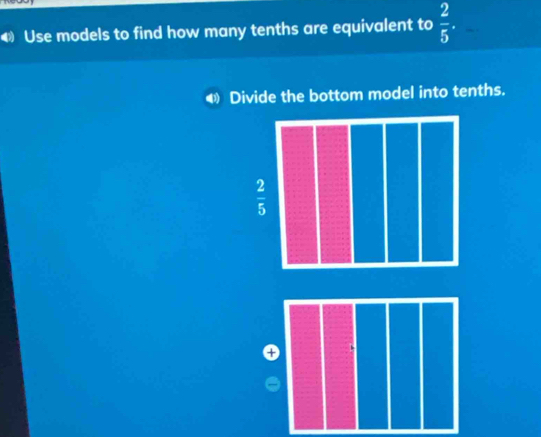 Use models to find how many tenths are equivalent to  2/5 .
D Divide the bottom model into tenths.