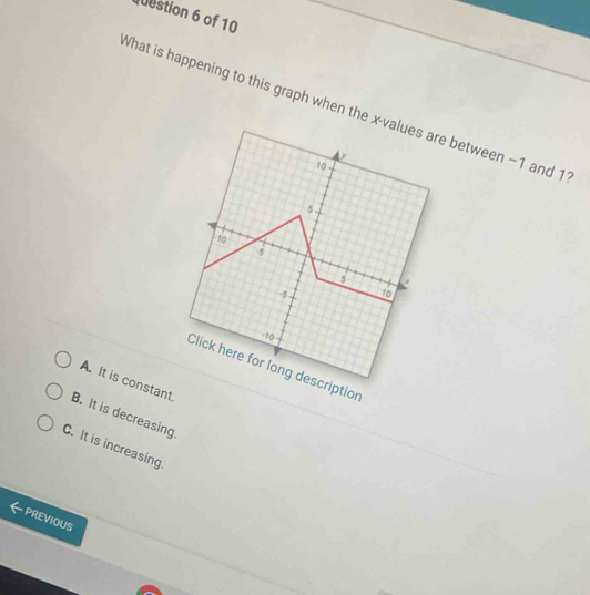 Qestion 6 of 10
What is happening to this graph when the re between −1 and 1
Click here for long description
A. It is constant
B. It is decreasing.
C. It is increasing.
PREVIOUS