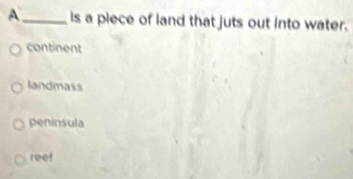 A_ is a piece of land that juts out into water.
continent
landmass
peninsula
reef