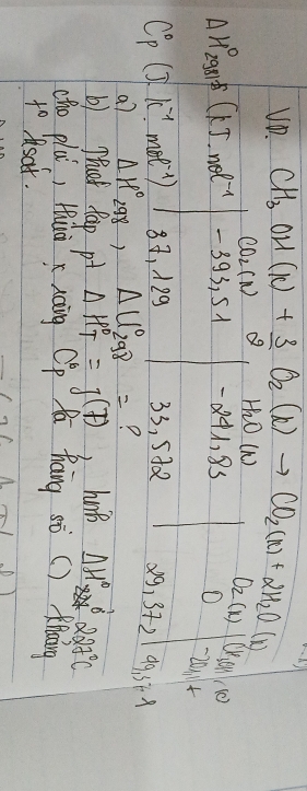 VD. CH_3OH(l)+ 3/2 O_2(l)to CO_2(l)+2H_2O(l) CO_2(11) D Hw (K)
△ H_2_2 (kJ· mol^(-1) - 393, 51 8+1, 85 O_2(x) (x,o)/10
O Omega h K
C^0_p(J.K^(-1)· mol^(-1)) 8、 199 33, 5t0 29, 372 99 571 
a7 Delta H°_298, △ U°_298= ? 
b) Phat Rap pt Delta H^0_T=J(T) ,hap △ H° B 227°C
cho plai, Huuàxxang Op Rā hang sò () Khaāng 
f° Asat.