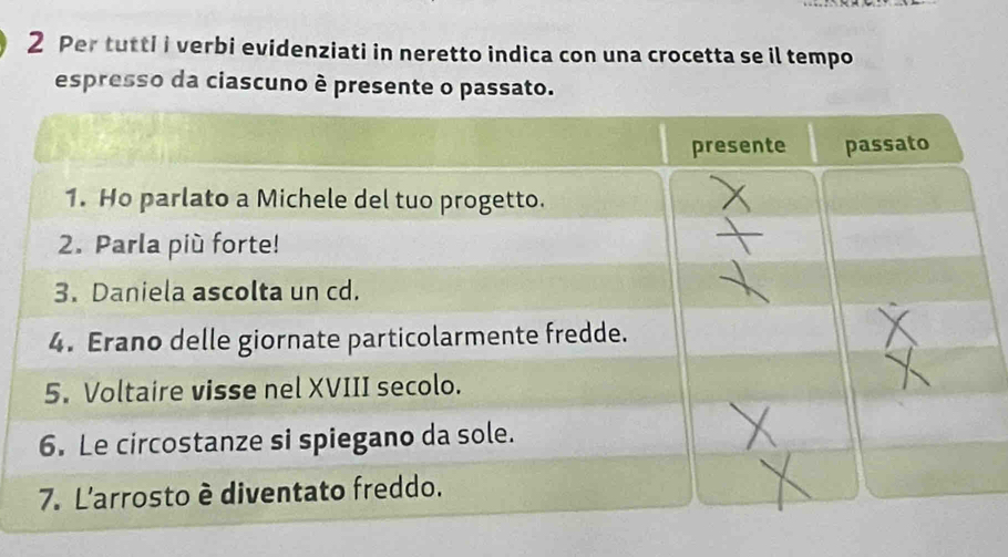 Per tutti i verbi evidenziati in neretto indica con una crocetta se il tempo 
espresso da ciascuno è presente o passato.