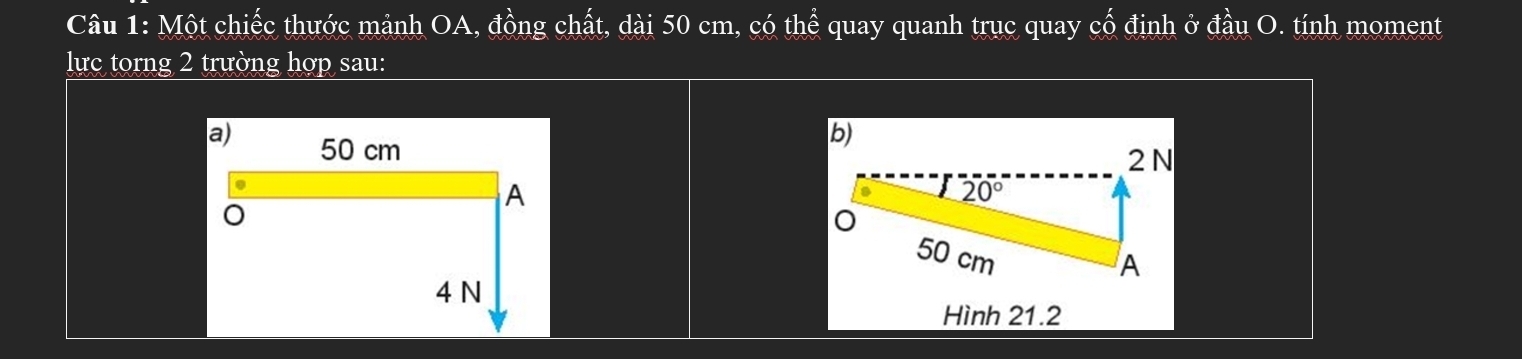 Một chiếc thước mảnh OA, đồng chất, dài 50 cm, có thể quay quanh trục quay cổ định ở đầu O. tính moment
lực torng 2 trường hợp sau:
a) 50 cm
A
4 N
Hình 21.2