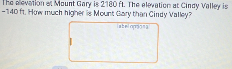 The elevation at Mount Gary is 2180 ft. The elevation at Cindy Valley is
-140 ft. How much higher is Mount Gary than Cindy Valley? 
label optional