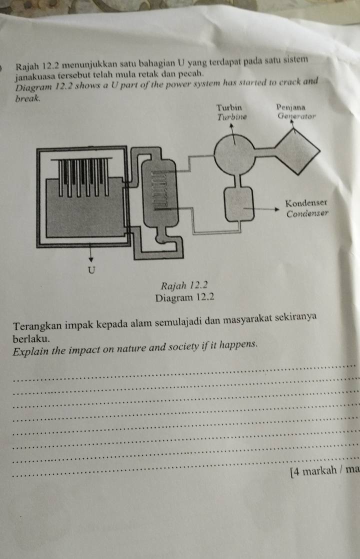 Rajah 12.2 menunjukkan satu bahagian U yang terdapat pada satu sistem 
janakuasa tersebut telah mula retak dan pecah. 
Diagram 12.2 shows a U part of the power system has started to crack and 
Terangkan impak kepada alam semulajadi dan masyarakat sekiranya 
berlaku. 
Explain the impact on nature and society if it happens. 
_ 
_ 
_ 
_ 
_ 
_ 
_ 
_ 
[4 markah / ma