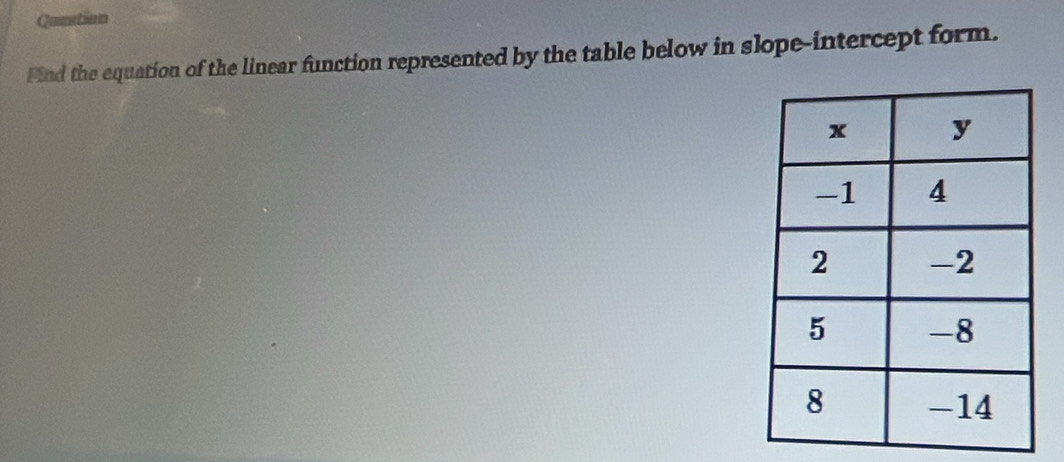 Quastion 
Find the equation of the linear function represented by the table below in slope-intercept form.