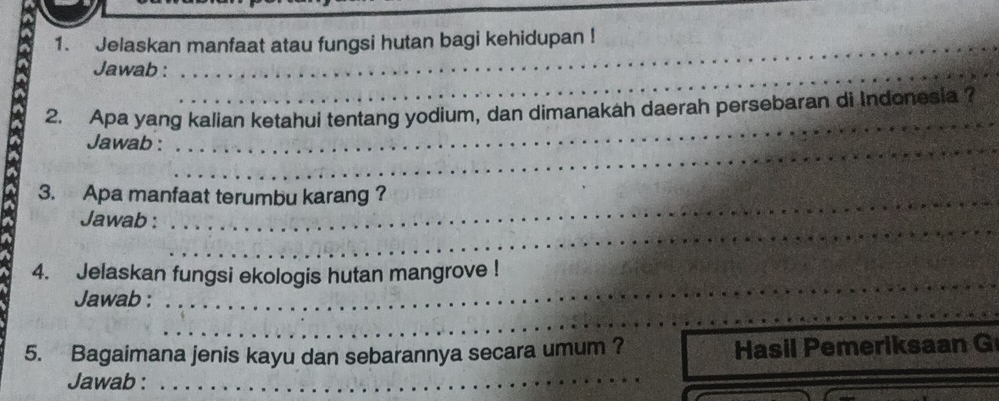 Jelaskan manfaat atau fungsi hutan bagi kehidupan ! 
Jawab :_ 
2. Apa yang kalian ketahui tentang yodium, dan dimanakah daerah persebaran di Indonesia ? 
Jawab :_ 
_ 
3. Apa manfaat terumbu karang ? 
_ 
Jawab : 
_ 
4. Jelaskan fungsi ekologis hutan mangrove ! 
Jawab : 
_ 
_ 
5. Bagaimana jenis kayu dan sebarannya secara umum ? Hasil Pemeriksaan G 
Jawab :_