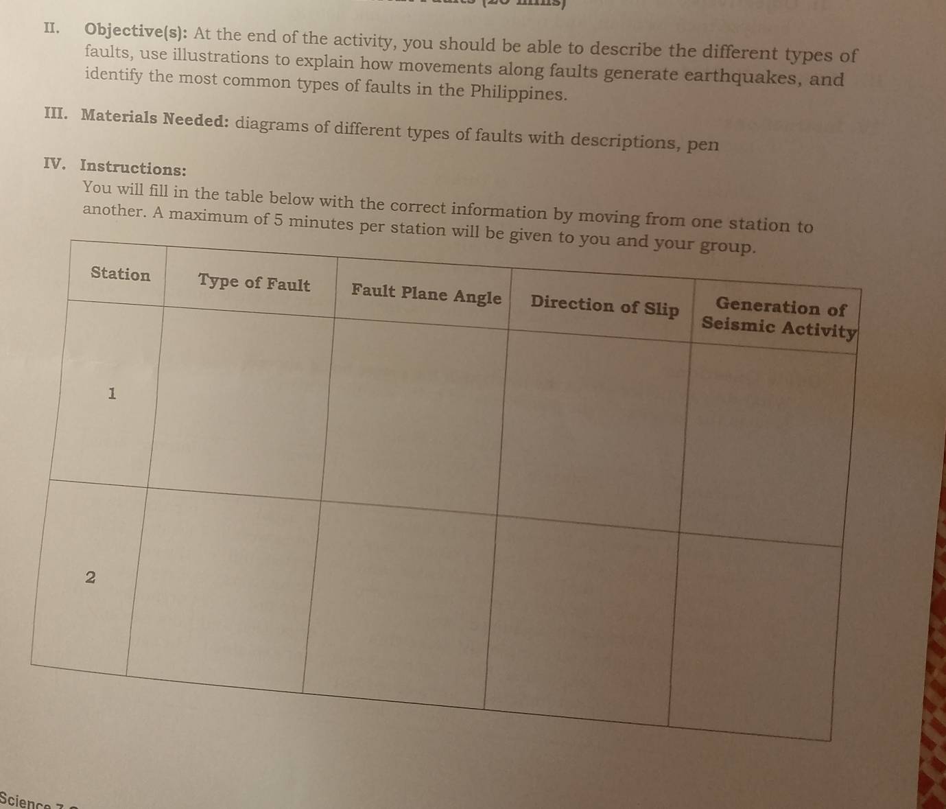 Objective(s): At the end of the activity, you should be able to describe the different types of 
faults, use illustrations to explain how movements along faults generate earthquakes, and 
identify the most common types of faults in the Philippines. 
III. Materials Needed: diagrams of different types of faults with descriptions, pen 
IV. Instructions: 
You will fill in the table below with the correct information by moving from 
another. A maximum of 
Science