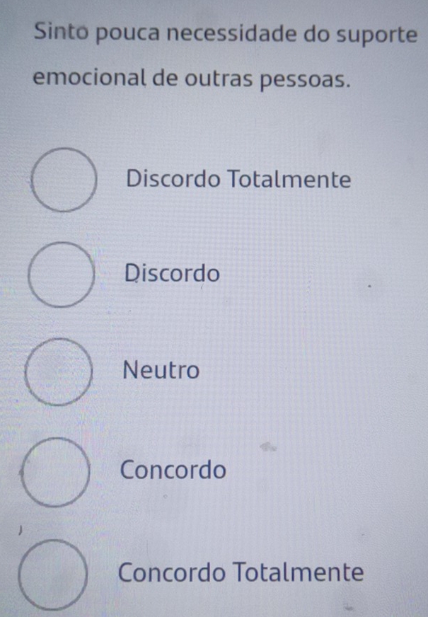 Sinto pouca necessidade do suporte
emocional de outras pessoas.
Discordo Totalmente
Discordo
Neutro
Concordo
Concordo Totalmente