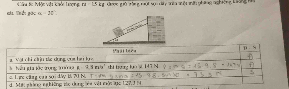 Một vật khối lượng m=15kg được giữ bằng một sợi dây trên một mặt phăng nghiêng không ma
sát. Biết góc alpha =30°.
Không ma sãt