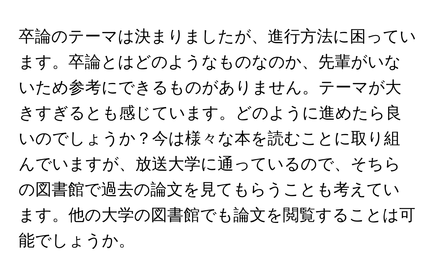 卒論のテーマは決まりましたが、進行方法に困っています。卒論とはどのようなものなのか、先輩がいないため参考にできるものがありません。テーマが大きすぎるとも感じています。どのように進めたら良いのでしょうか？今は様々な本を読むことに取り組んでいますが、放送大学に通っているので、そちらの図書館で過去の論文を見てもらうことも考えています。他の大学の図書館でも論文を閲覧することは可能でしょうか。